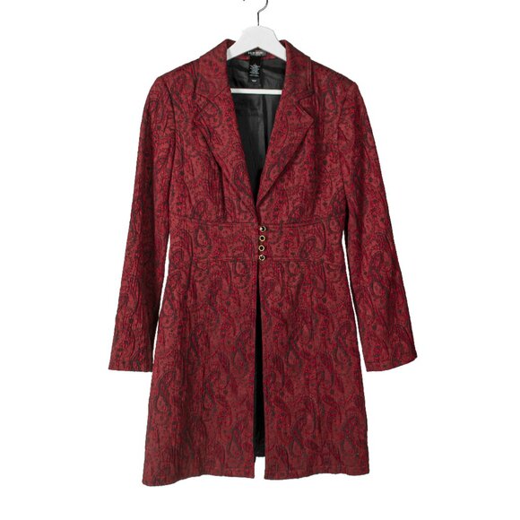 BISOU BISOU Paisley Blazer Jacquard Brocade Fitted Long Coat Dress 90s Red 6 - Picture 1 of 12